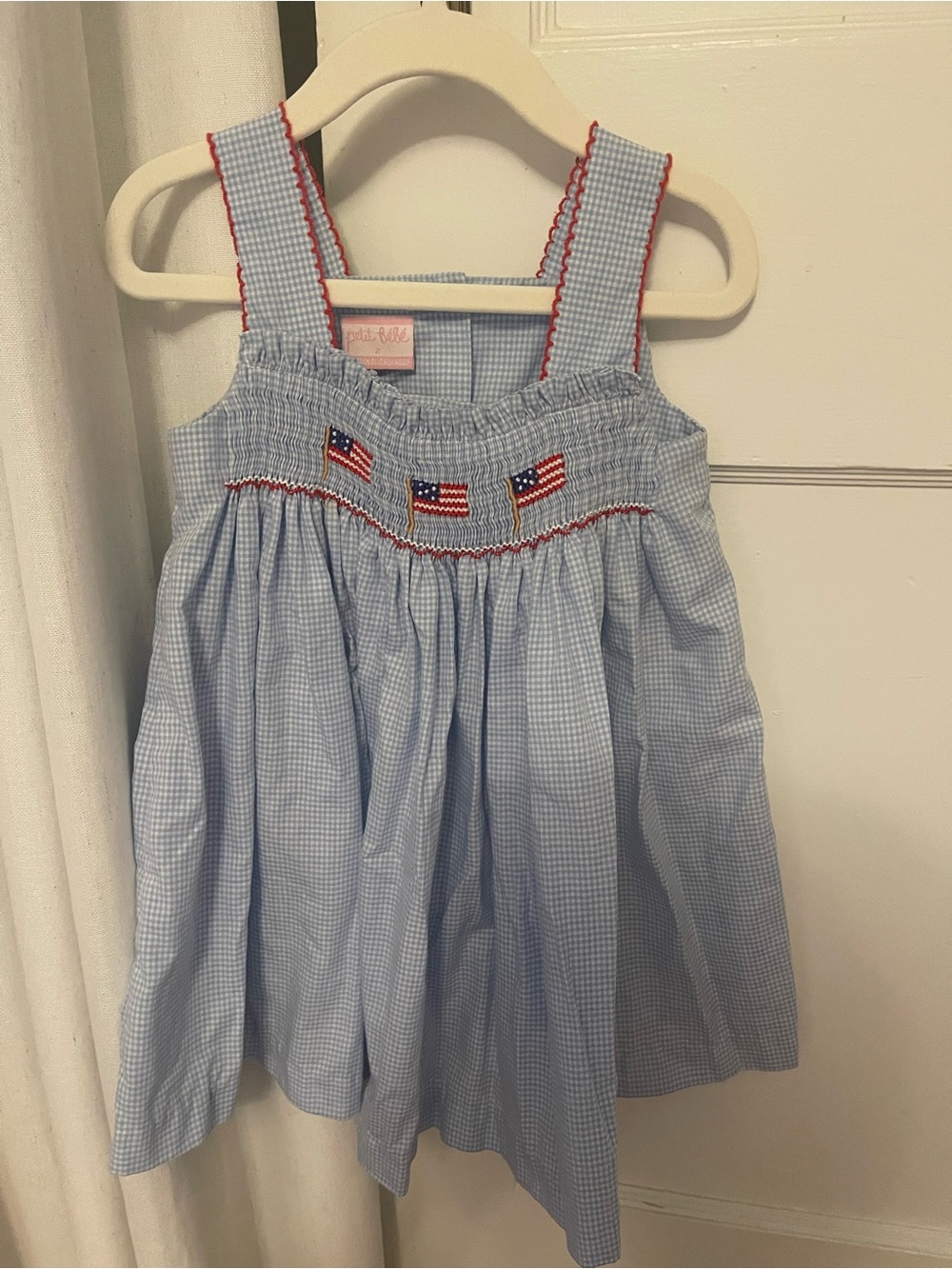 Smocked Blue Gingham Girls' Sundress with Flag Embroidery